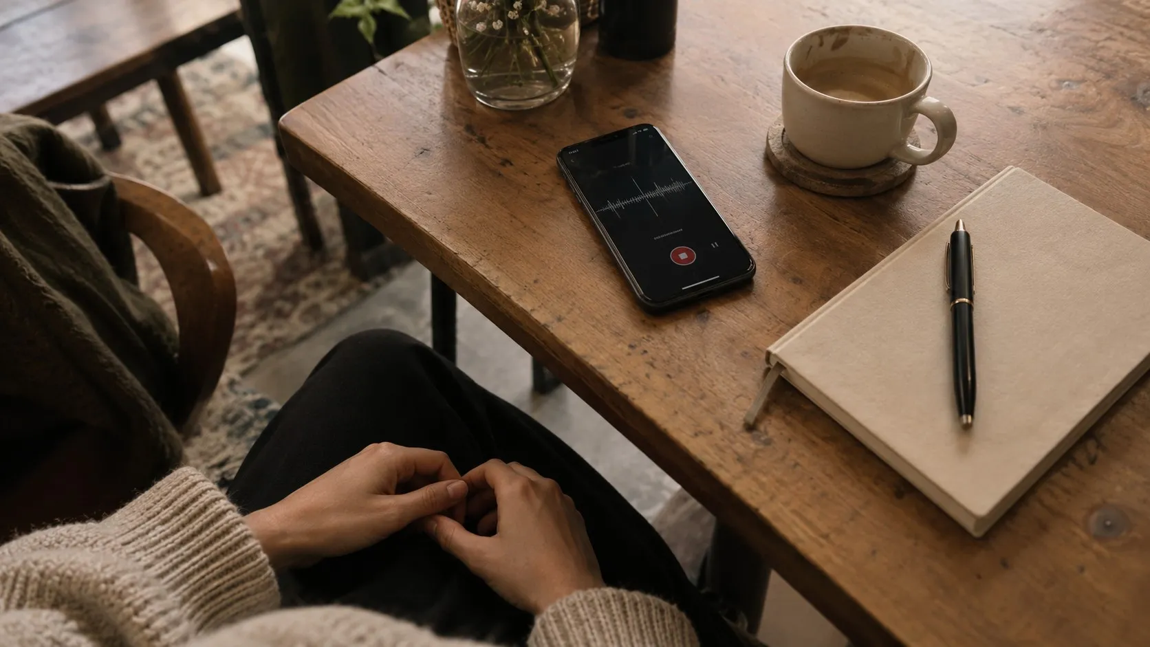 En mobiltelefon som spelar in ligger på ett träbord bredvid en stängd anteckningsbok och en kaffekopp