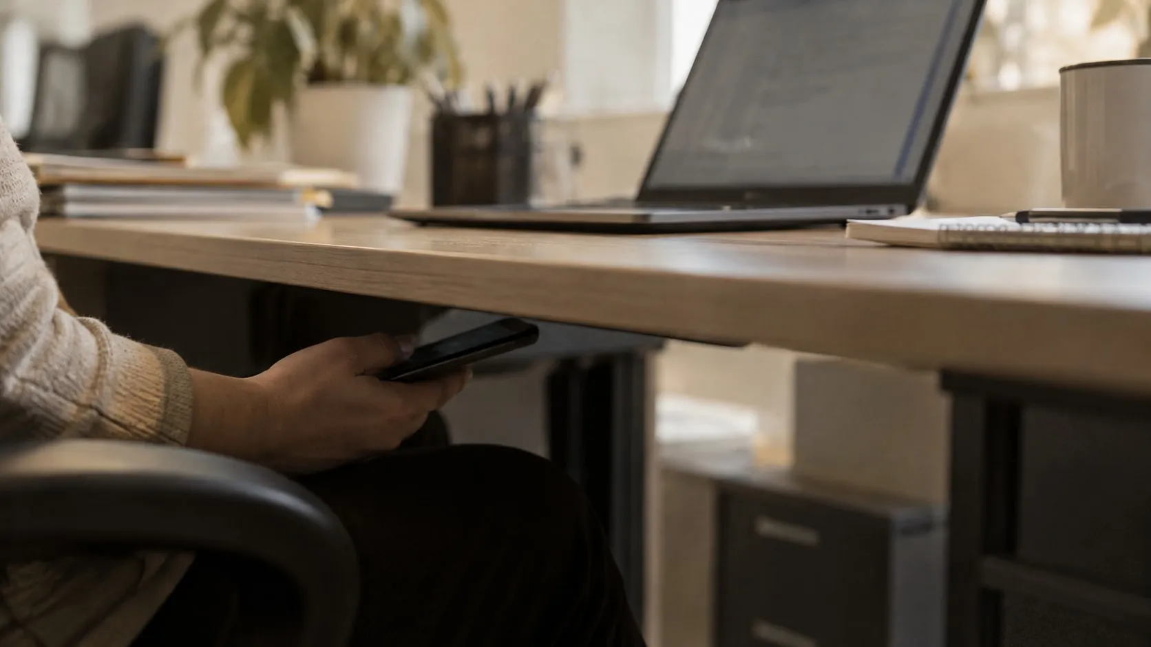 En hand håller en mobiltelefon under kanten på ett skrivbord där en öppen jobbdator står