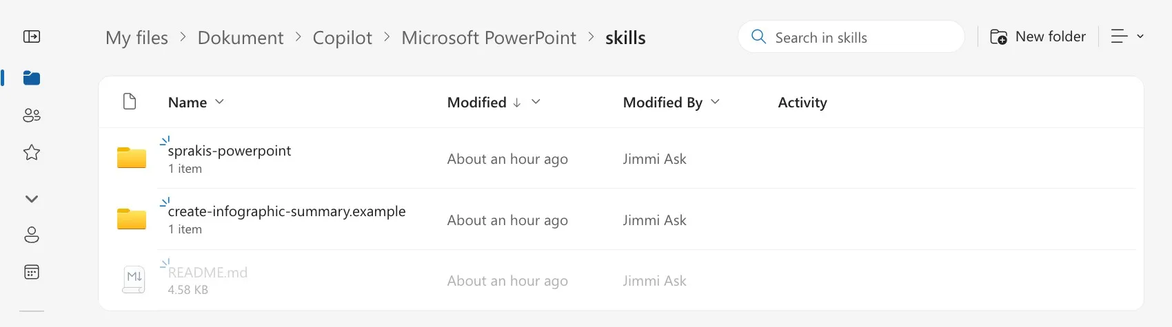 Dialogen Kopiera till i OneDrive med mappen Dokument, Copilot, Microsoft PowerPoint, skills som mål och skillen sprakis-powerpoint på plats