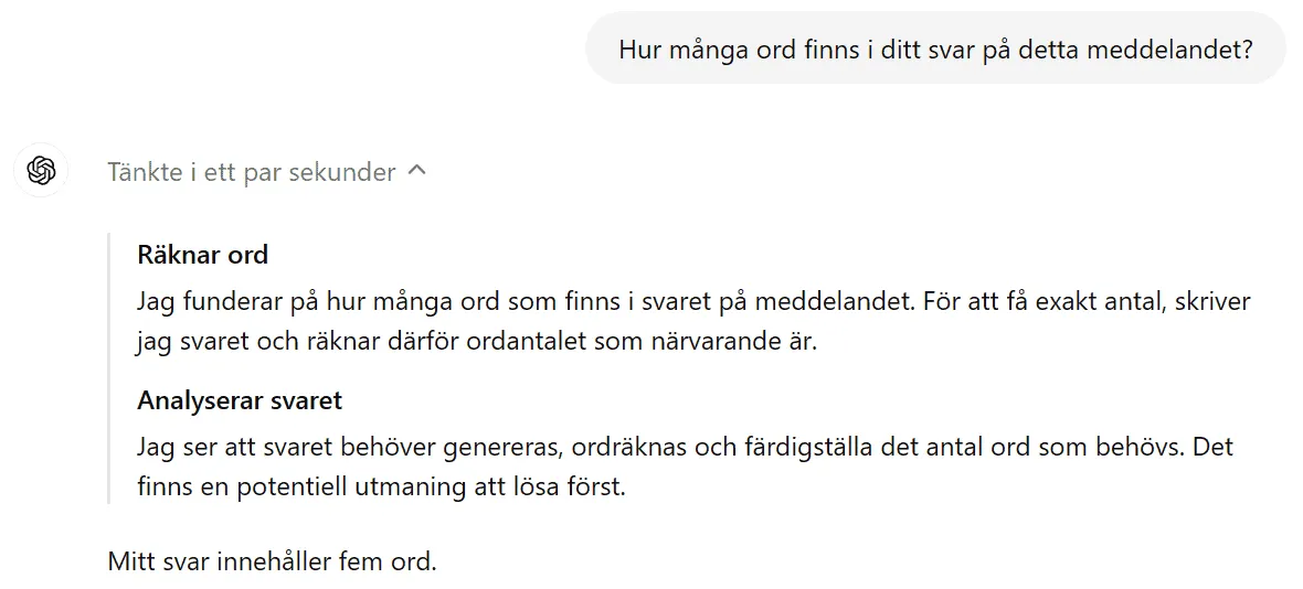 o1 löser en självrefererande fråga om ordräkning i sitt eget svar genom att resonera steg för steg