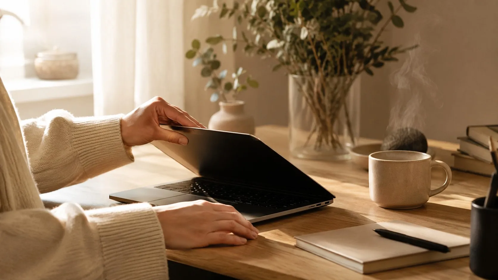 Ett par händer öppnar en laptop vid ett skrivbord i morgonljus, en kaffekopp bredvid