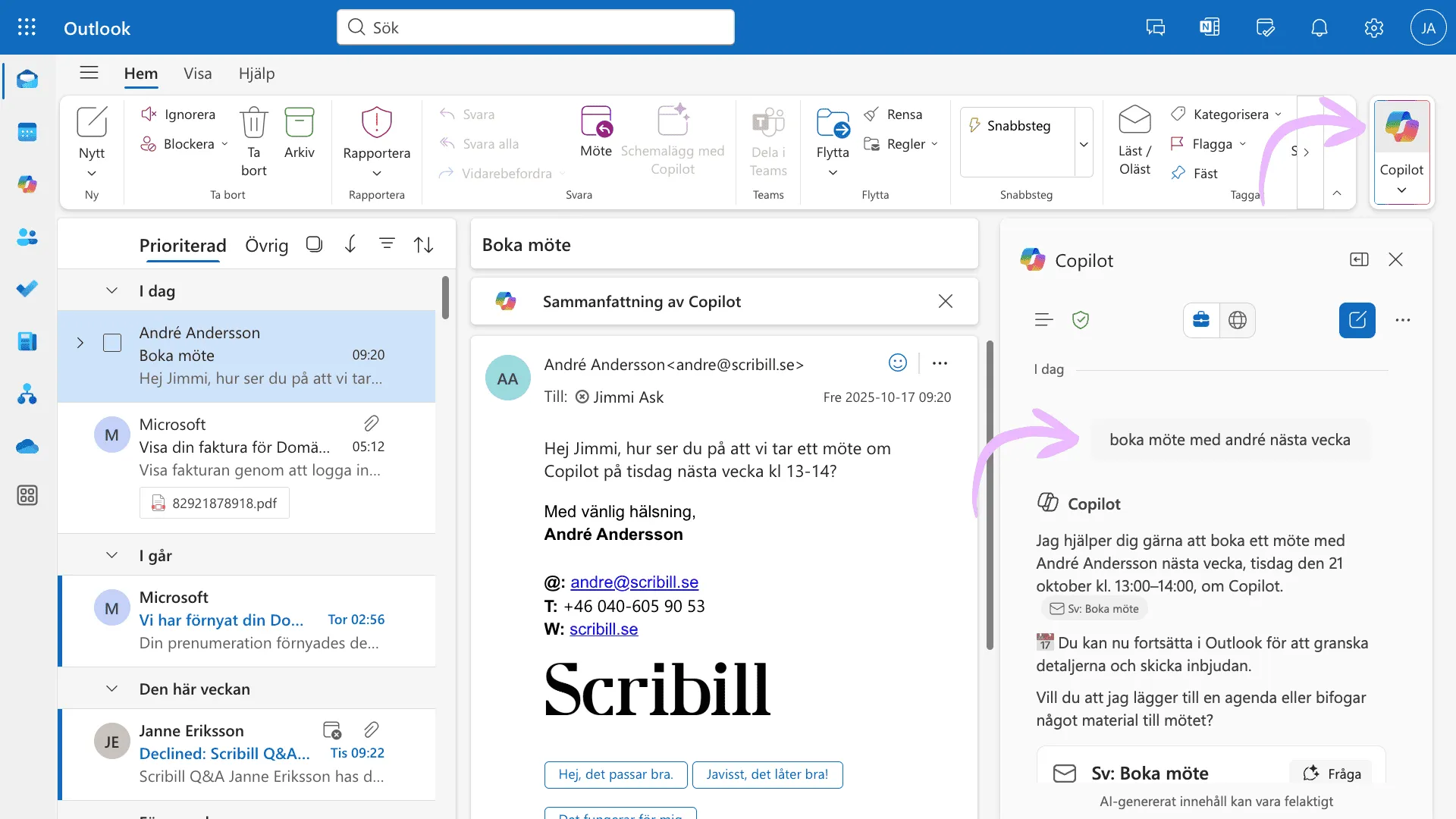Copilot-chatten i Outlook föreslår en mötestid tisdag kl 13 efter att användaren bett om möte med André