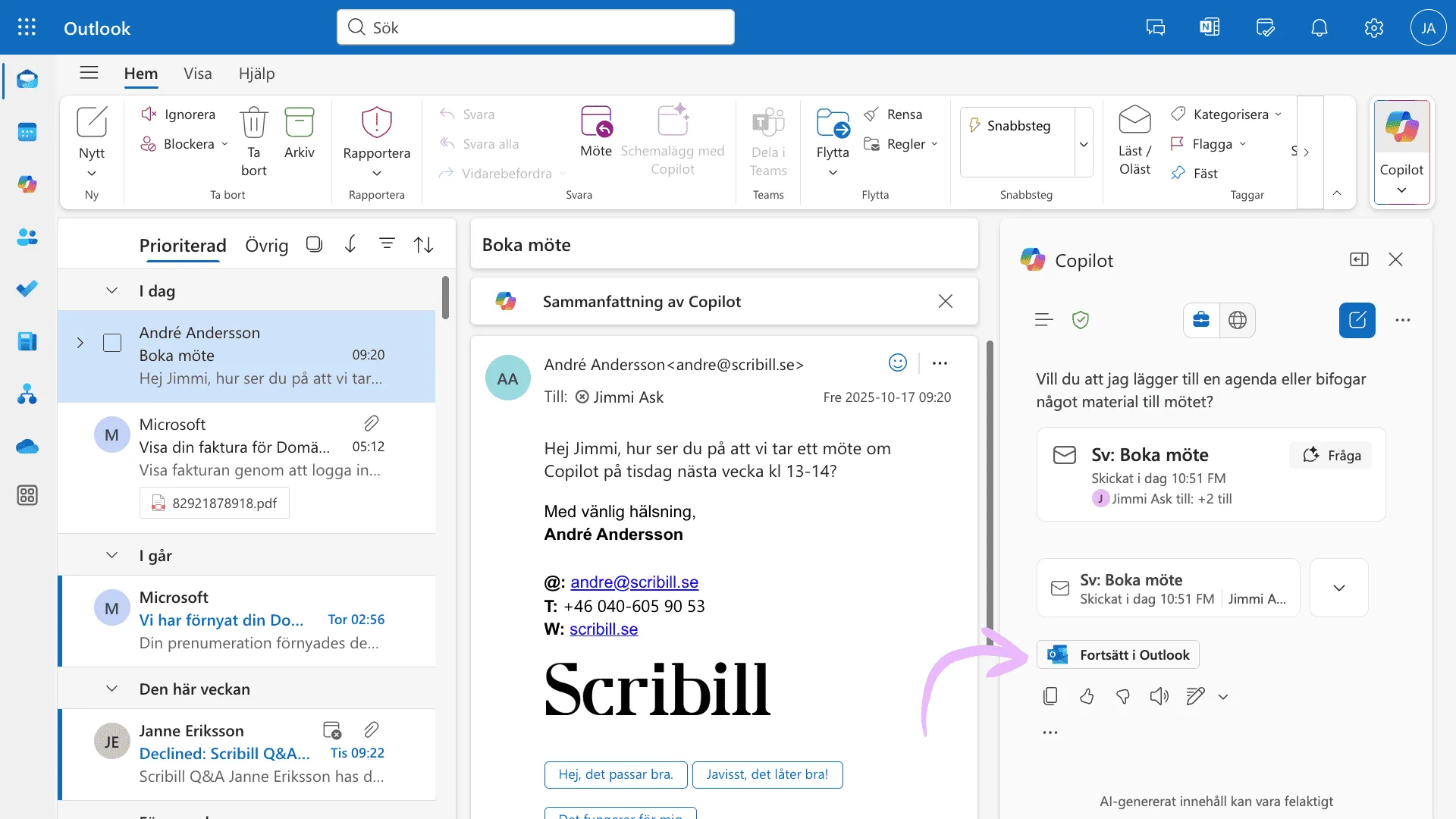Copilot-chatten i Outlook med knappen Fortsätt i Outlook efter att ett möte föreslagits och skickats