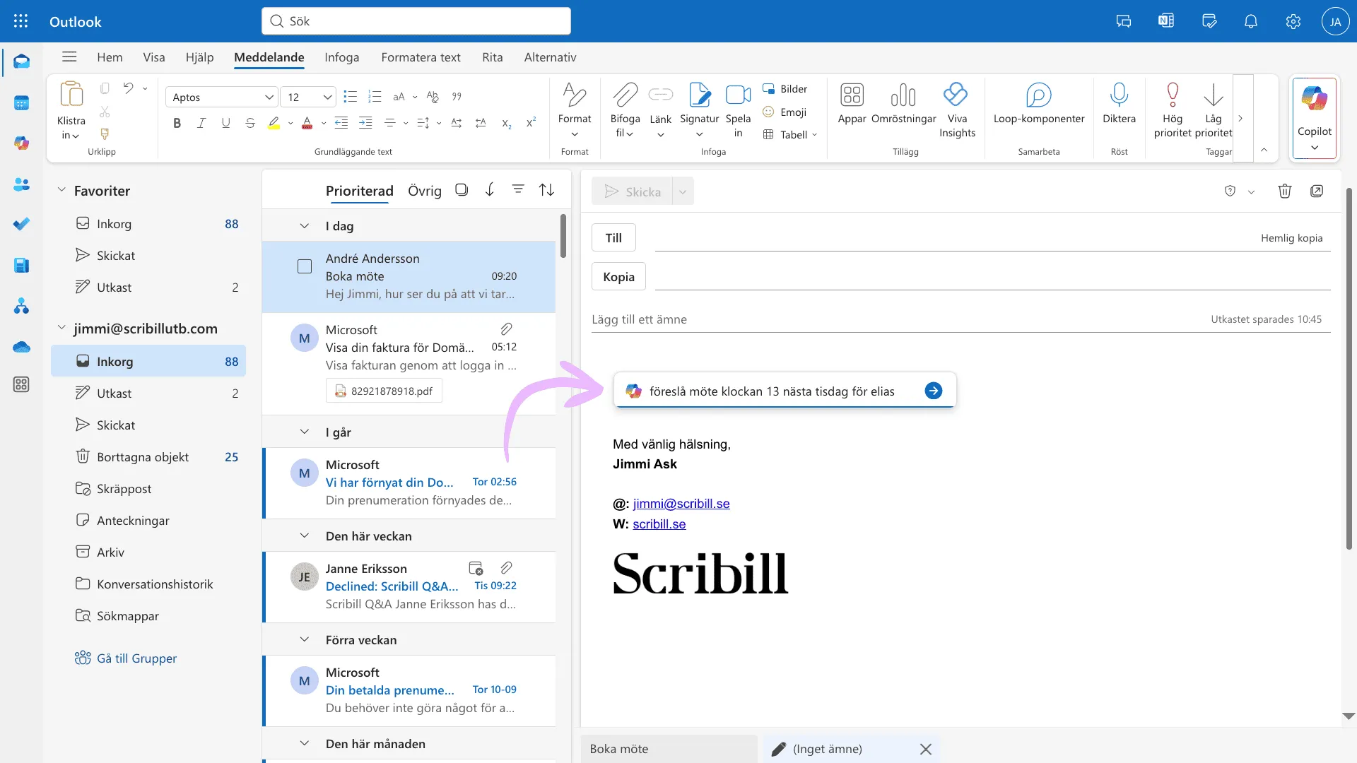 Nytt mejl i Outlook med Copilot-prompten att föreslå ett möte klockan 13 nästa tisdag