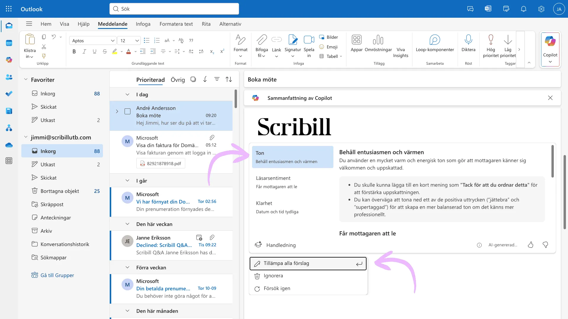 Copilots coaching-panel i Outlook med feedbackkategorierna Ton, Läsarsentiment och Klarhet och knappen Tillämpa alla förslag
