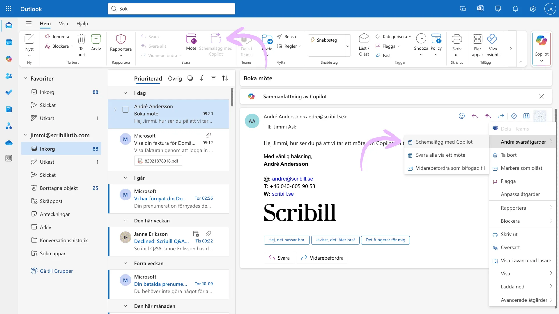 Kontextmenyn för ett mejl i Outlook med alternativet Schemalägg med Copilot markerat