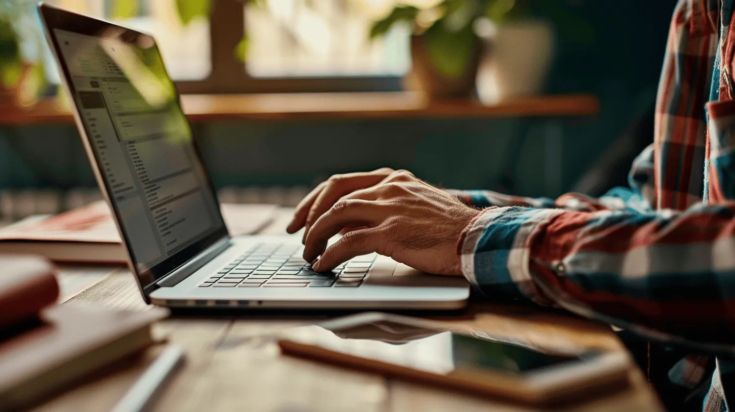 Person skriver på laptop vid ett träbord med anteckningsblock och mobiltelefon bredvid