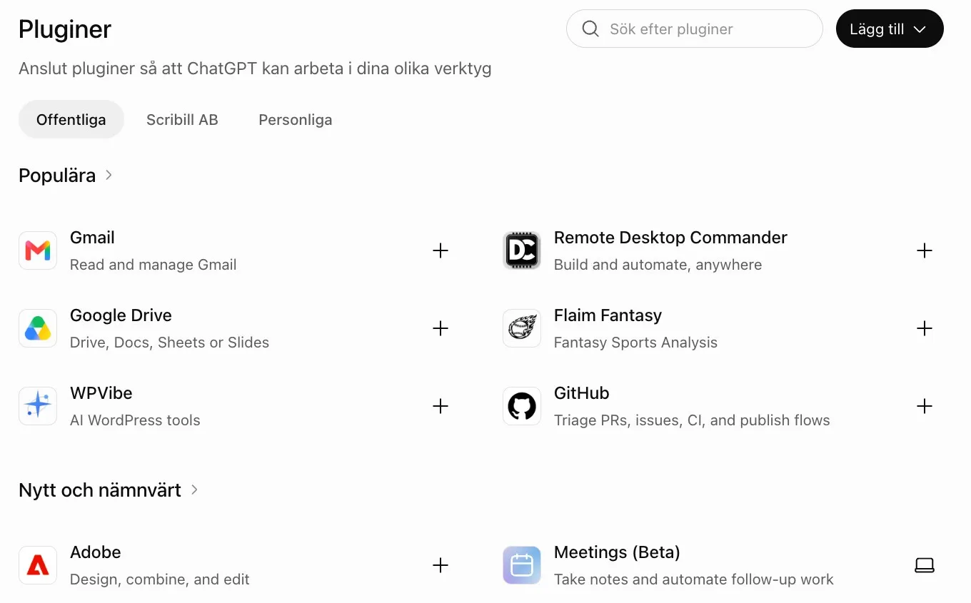 Plugin-katalogen i ChatGPT med flikarna Offentliga, Scribill AB och Personliga och plugins som Gmail, Google Drive och GitHub