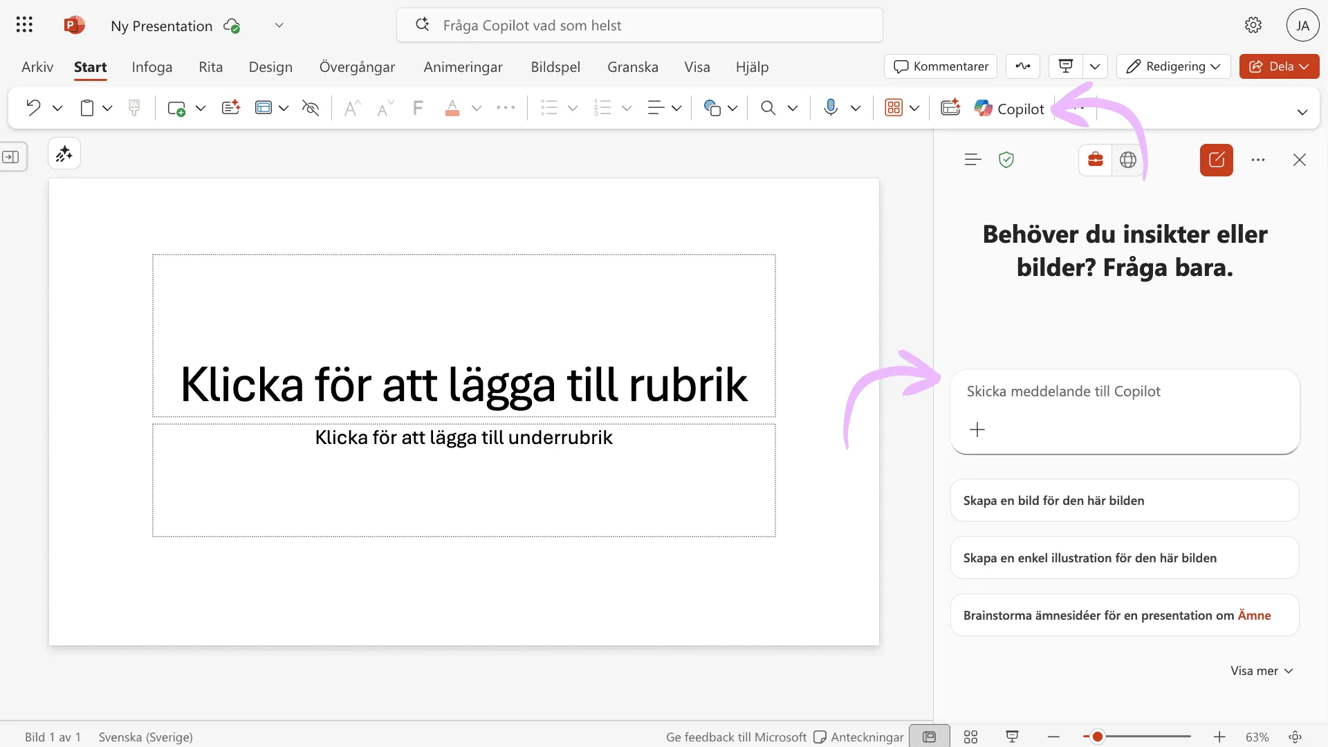Copilot-chatten öppnad i sidofältet i PowerPoint med förslag på att skapa bilder och brainstorma ämnesidéer