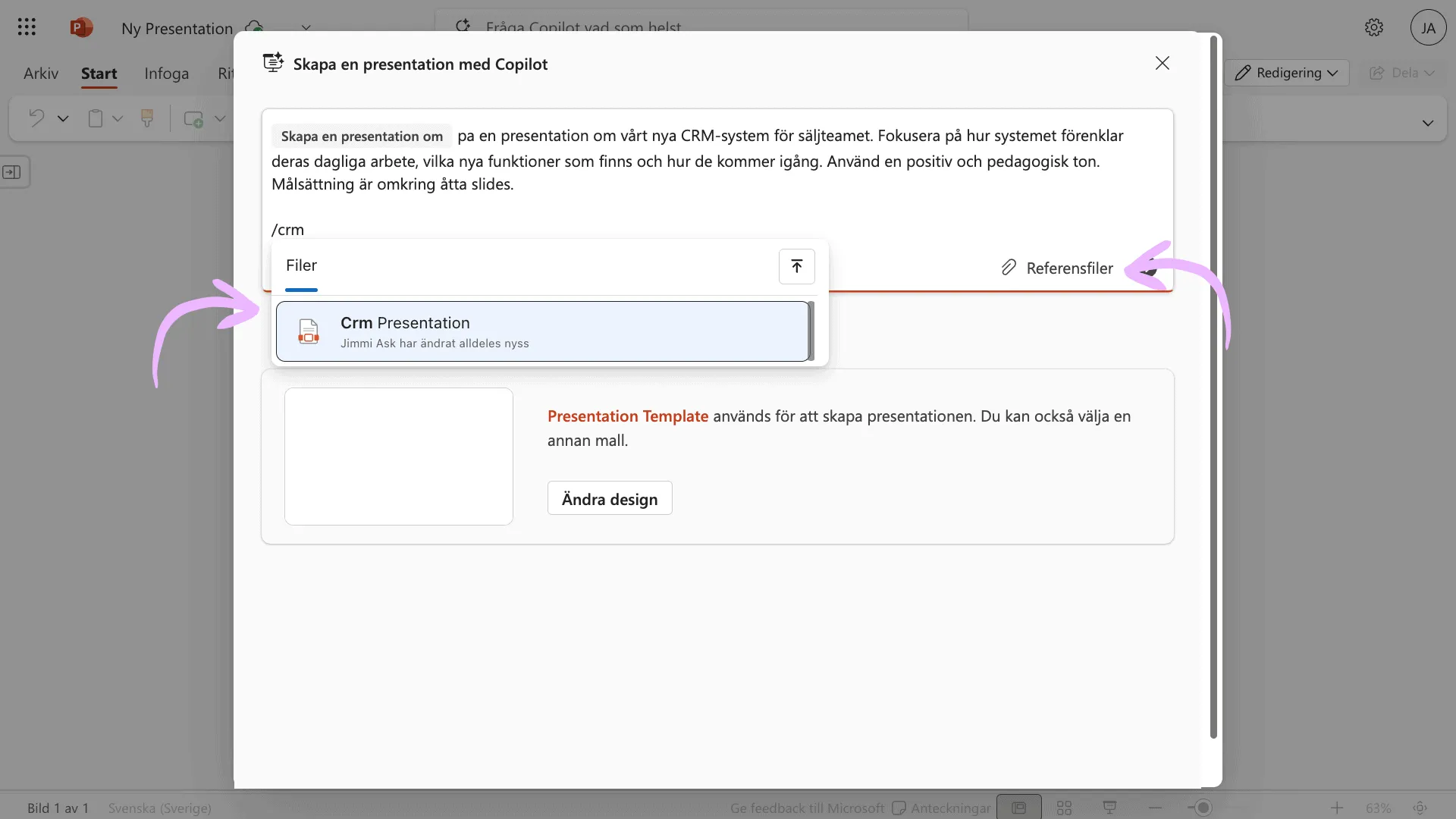 Copilot-dialogen i PowerPoint med en filväljare öppen där en referensfil kan bifogas till prompten