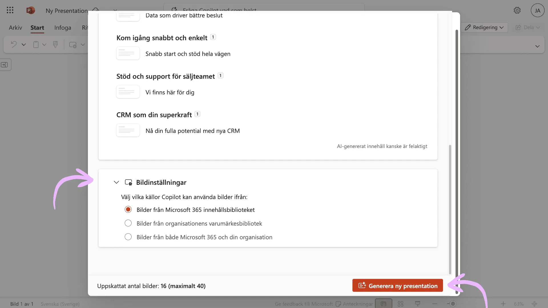 Bildinställningar i Copilot-dialogen med tre alternativ för bildkälla: Microsoft 365, organisationsbiblioteket eller båda