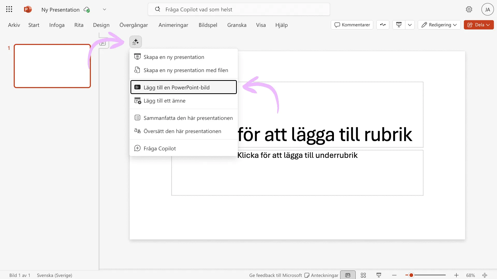 Copilot-menyn i PowerPoint med alternativet Lägg till en PowerPoint-bild markerat för att infoga en enskild ny slide