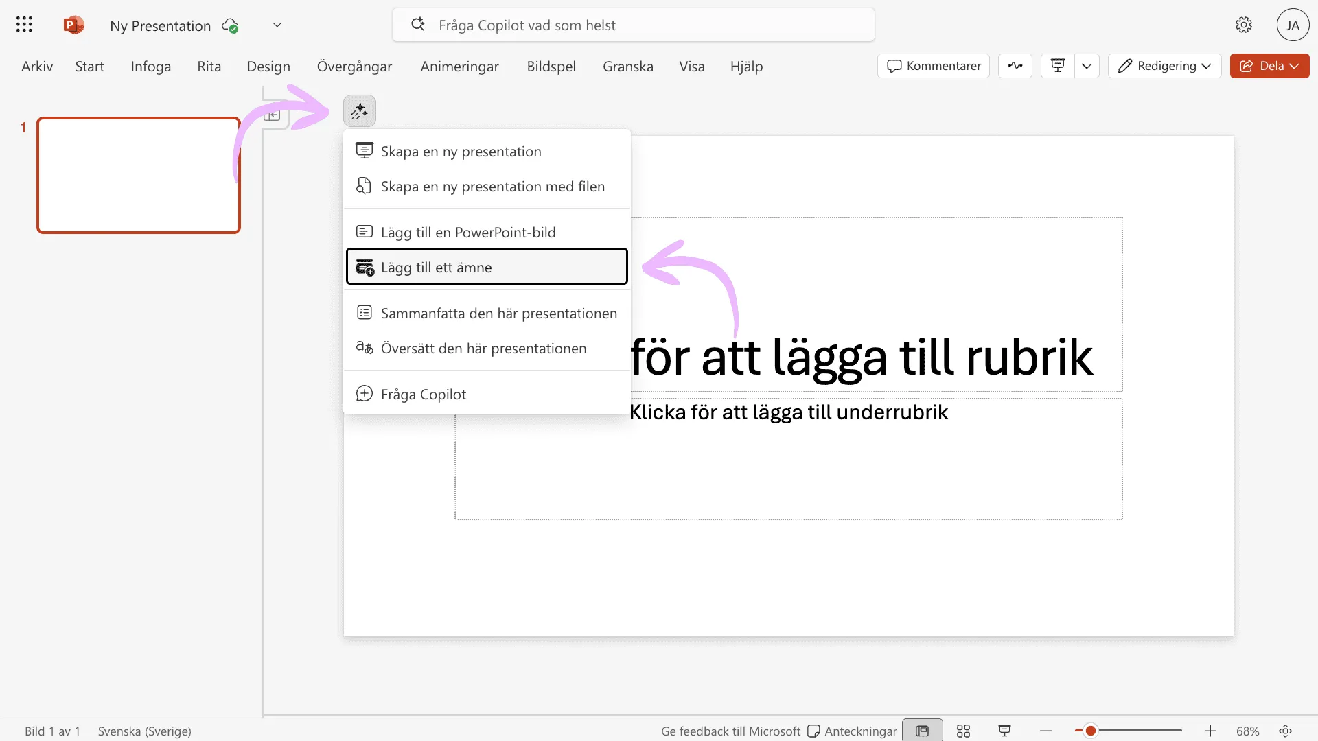 Copilot-menyn i PowerPoint med alternativet Lägg till ett ämne markerat för att utöka presentationen med ett nytt avsnitt