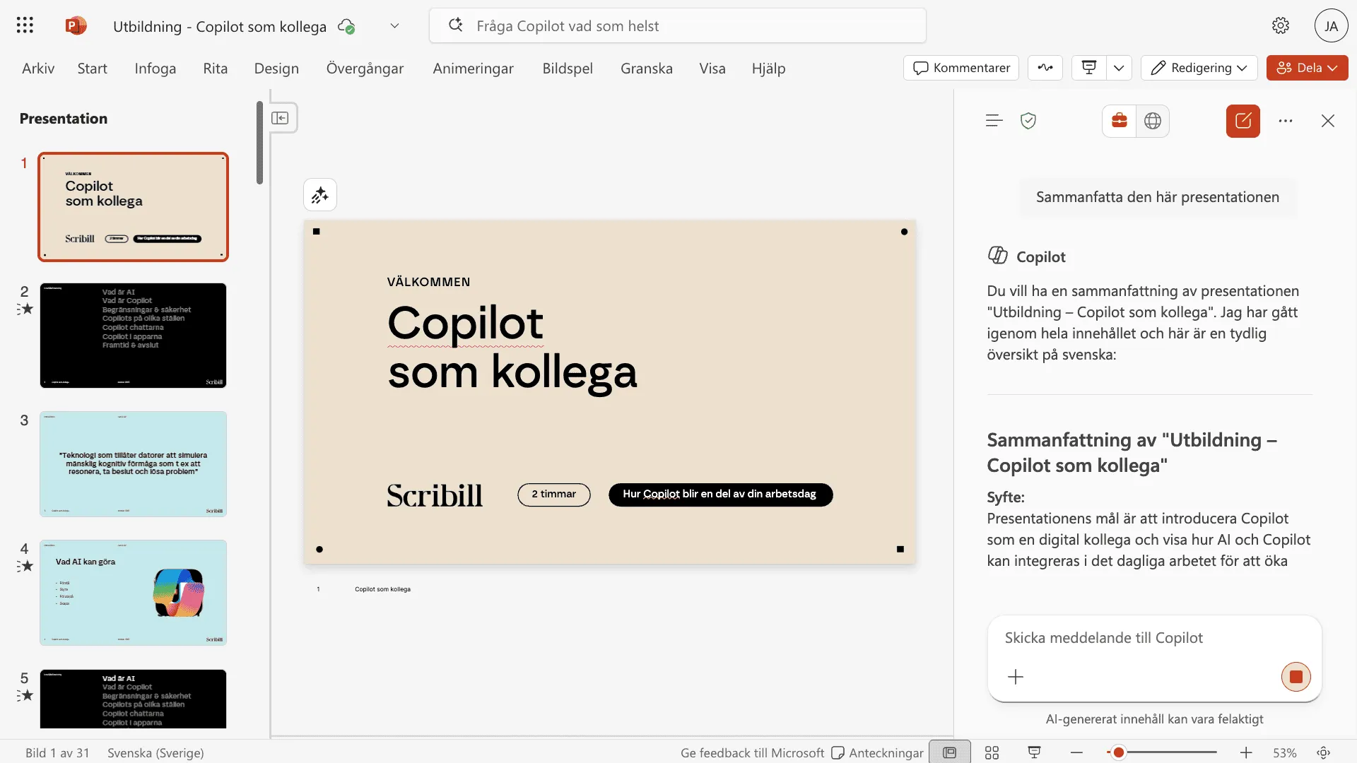 Copilot-chatten i PowerPoint sammanfattar presentationen Copilot som kollega och visar nyckelpunkter i sidofältet