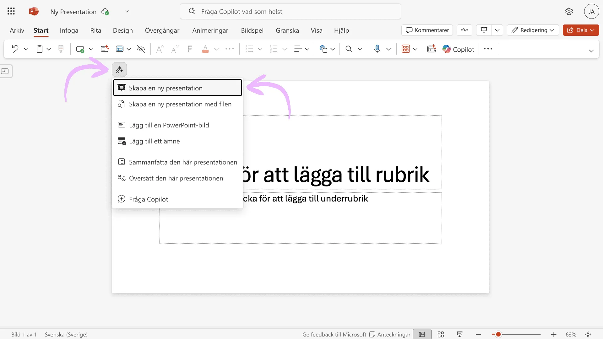 Copilot-menyn i PowerPoint med alternativ för att skapa presentation, lägga till slides, sammanfatta och översätta