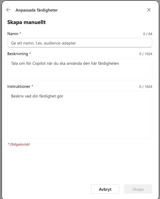 Formuläret Skapa manuellt i PowerPoint med fälten namn, beskrivning och instruktioner och teckenräknarna 0 av 64 och 0 av 1024