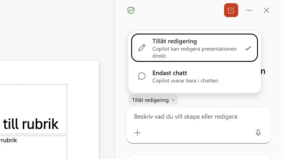 Lägesväljaren i PowerPoint med Tillåt redigering och Endast chatt