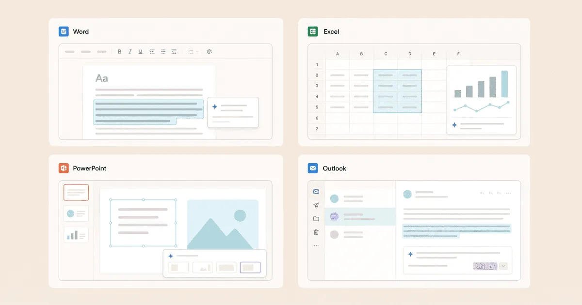 Illustration av Redigera med Copilot i fyra Microsoft-appar: Word, Excel, PowerPoint och Outlook