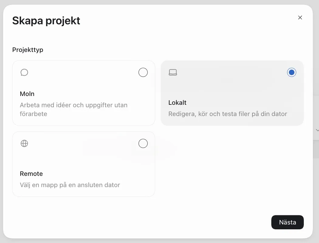 Dialogen Skapa projekt i ChatGPT:s datorapp med projekttypen Lokalt markerad
