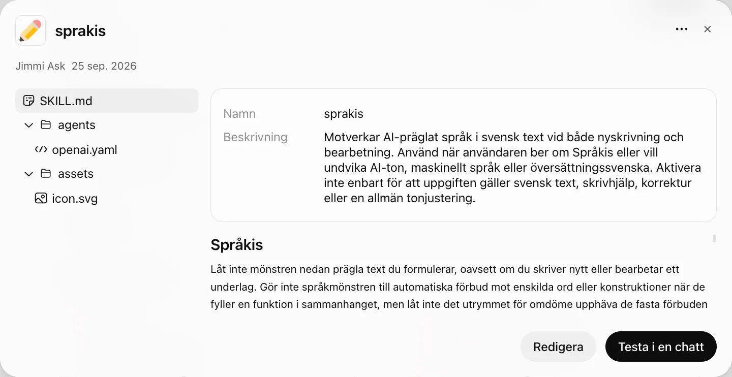 Skillen sprakis öppnad i ChatGPT med mappen, SKILL.md, namnet, beskrivningen och instruktionerna