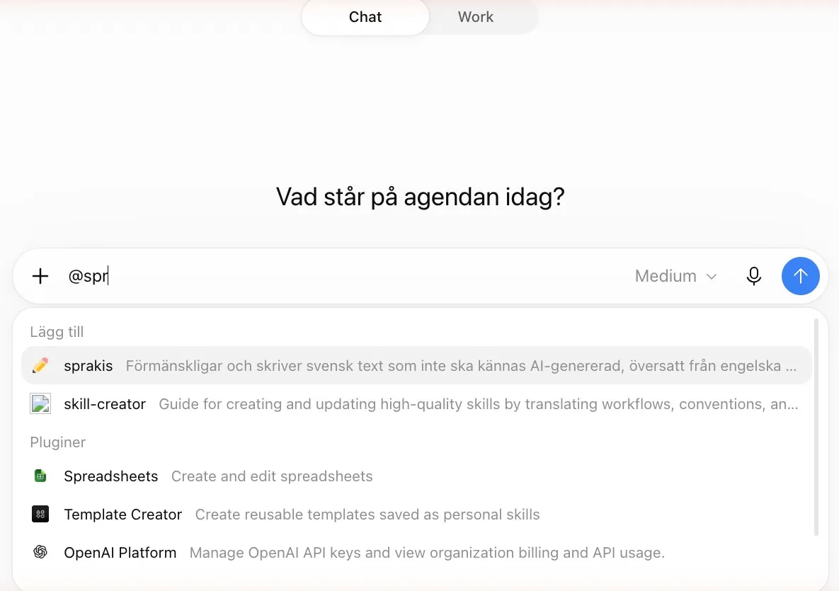 Skrivrutan i läget Chat där @spr visar skillen sprakis och plugins som går att lägga till