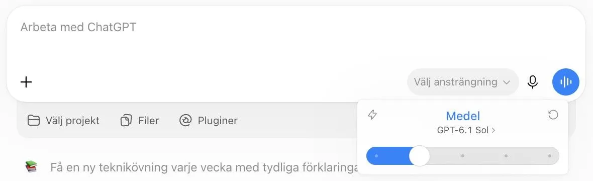 Skrivrutan i Work med reglaget Välj ansträngning inställt på Medel och modellen GPT-6.1 Sol